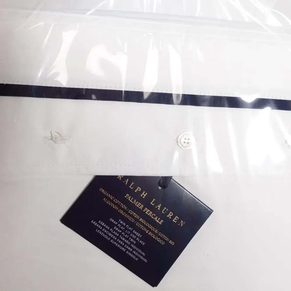 Ralph Lauren Organic Cotton Percale Palmer Twin Flat Sheet White/Polo Navy $125